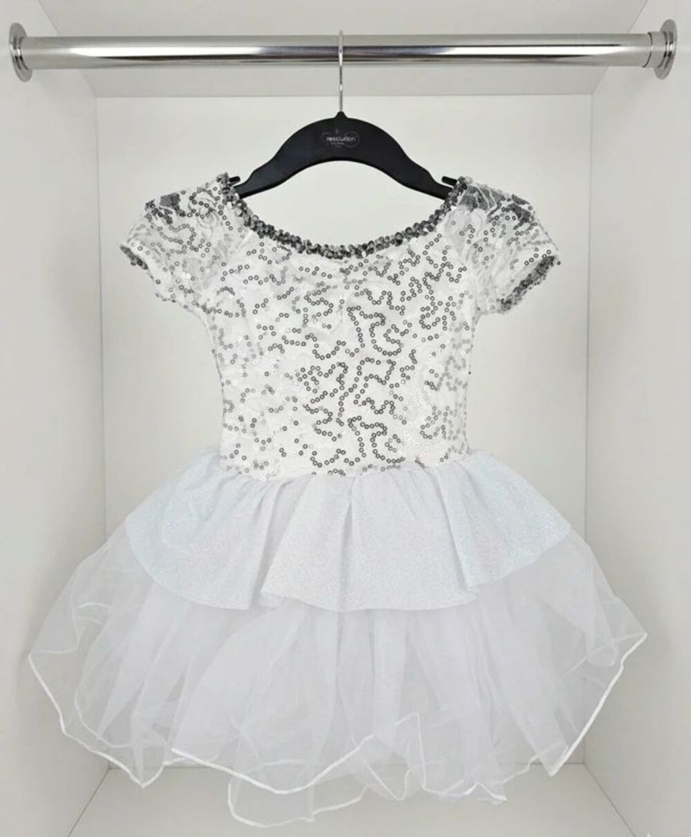 A Wish Come True Sequin Bride Tutu Dance Costume Size MC White Silver